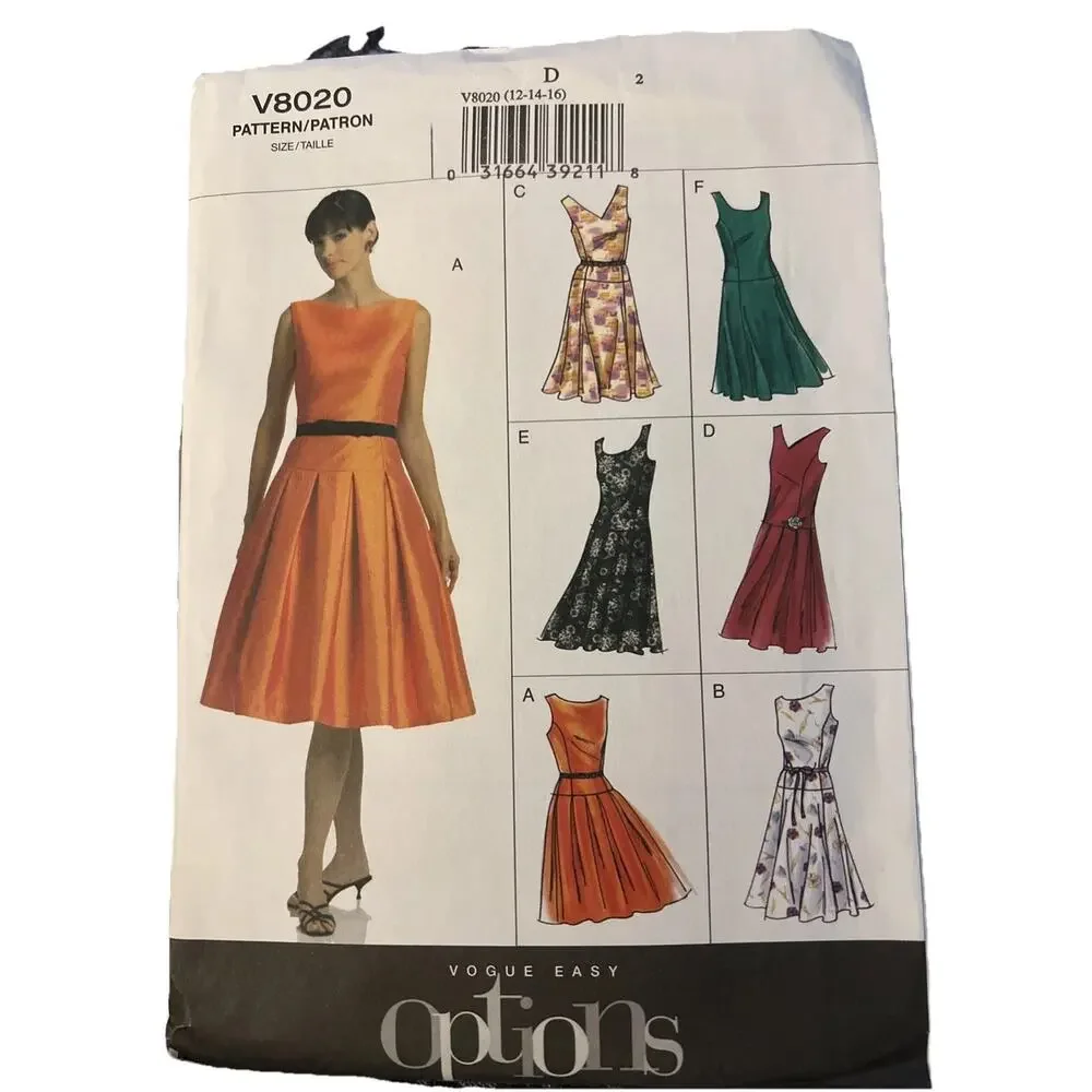 Vogue V8020 Swing Party Cocktail Dress W/ Belt Sleeveless 6 Styles Sz 12-16 UC